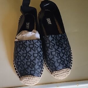 DKNY Black Monogram Espadrille Flats with Natural Toe